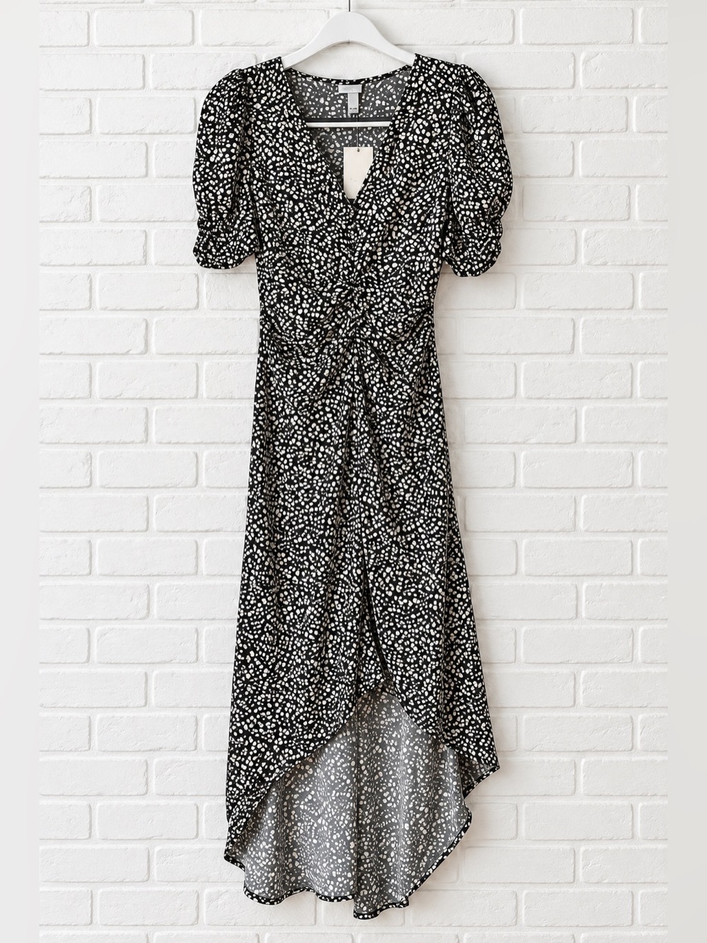NWT A NEW DAY High Lo Dress with Cinch Detailing Cream/Black/Green Print SMALL